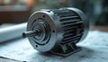 Industrial electric motor rests on technical blueprints. Precision engineered machine part ready for assembly. Heavy duty Royalty Free Stock Photo
