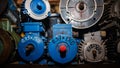 Industrial electric motors being repaired in a garage. Electrical equipment, asynchronous current generators, close-up Royalty Free Stock Photo