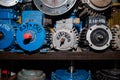 Industrial electric motors in garage on rack. Electrical equipment under repair Royalty Free Stock Photo