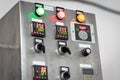 Industrial, electric switch panel with buttons in different colours. Royalty Free Stock Photo