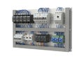 Industrial electrical distribution panel with multiple circuit breakers and terminals Royalty Free Stock Photo