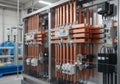 Industrial electrical panel featuring copper busbars used for power distribution. The panel Royalty Free Stock Photo