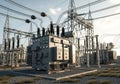 An industrial electrical substation featuring several transformers and switchgear equipment. Royalty Free Stock Photo