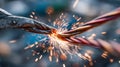 Industrial electrical welding process with sparks flying between intertwined wires Royalty Free Stock Photo