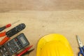 Electrician tools, components and instruments on a wooden background Royalty Free Stock Photo