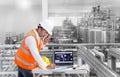 Industrial engineer working in the factory with talking on radio Royalty Free Stock Photo