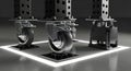 Industrial equipment standing on casters with adjustable leveling feet within a illuminated square, symbolizing precision and Royalty Free Stock Photo