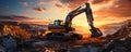 Industrial excavator on construction site against a vibrant sunset, depicting heavy machinery at work in mining operations Royalty Free Stock Photo