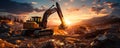 Industrial excavator on construction site against a vibrant sunset, depicting heavy machinery at work in mining operations Royalty Free Stock Photo