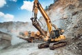 Industrial excavator loading ore and stone material from highway construction site