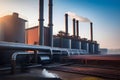 Industrial exterior of oil refinery with pipes, smokestacks, and storage tanks emitting steam Royalty Free Stock Photo