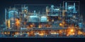 Industrial facility with illuminated tanks and pipelines at night showcasing complex machinery and technology Royalty Free Stock Photo