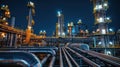 Illuminated Industrial Landscape: Complex Piping at Chemical Plant at Night Time Royalty Free Stock Photo