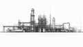 Industrial facility technical drawing layout displays processing equipment, pipelines, structures in schematic industrial design. Royalty Free Stock Photo