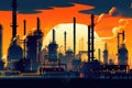 Industrial factories silhouette background. Emissions from factories. Generative AI