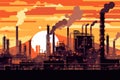 Industrial factories silhouette background. Emissions from factories. Generative AI