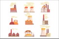 Industrial factory buildings set. Modern power plants colorful vector Illustrations Royalty Free Stock Photo