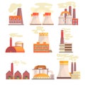 Industrial factory buildings set. Modern power plants colorful vector Illustrations Royalty Free Stock Photo