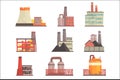 Industrial factory buildings set. Modern power plants, manufacture buildings colorful vector Illustrations Royalty Free Stock Photo