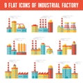 Industrial factory buildings - 9 vector icons in flat design style Royalty Free Stock Photo