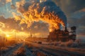 Industrial factory exterior at sunrise with billowing smoke and a railroad track in the foreground Royalty Free Stock Photo