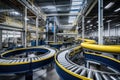 An industrial factory filled with yellow and blue pipes, providing a manufacturing facility for various products, Conveyor belt in