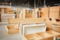 Industrial factory. Furniture production at woodworking enterprise. Wood processing manufacture. Royalty Free Stock Photo