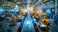 An industrial factory with IoT sensors embedded in machinery constantly transmitting data to a central system for