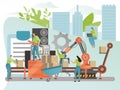 Industrial factory production process concept, tiny people cartoon characters in flat style, vector illustration