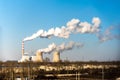 Industrial factory smoke stack of coal power plant from chimney up on sky cause air pollution and destroy the Earth`s atmosphere Royalty Free Stock Photo