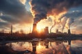 Industrial factory tall smokestacks released smoky emissions from smoke pipes. CO2 greenhouse gas, deteriorating air quality, air