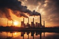 Industrial factory tall smokestacks released smoky emissions from smoke pipes. CO2 greenhouse gas, deteriorating air quality, air Royalty Free Stock Photo