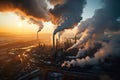 Industrial factory tall smokestacks released smoky emissions from smoke pipes. CO2 greenhouse gas, deteriorating air quality, air