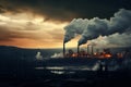 Industrial factory tall smokestacks released smoky emissions from smoke pipes. CO2 greenhouse gas, deteriorating air quality, air Royalty Free Stock Photo