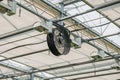 Industrial fan inside modern greenhouse, electric automation ventilation system inside glasshouse Royalty Free Stock Photo