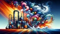 Industrial Fantasy Landscape with Colorful Swirls and Chemical Plant