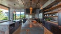 The industrial feel of this kitchen is amplified by the exposed concrete ceiling with its rough rugged texture and