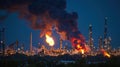 Oil Refinery Flare Stack Burning at Night Producing Smoke in The Dark Sky Royalty Free Stock Photo
