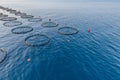 Industrial fish farming unit cages in calm deep sea waters