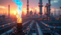 Industrial flame burns with blue and orange colors atop pipe system at oil refinery. Complex network of pipes and towering Royalty Free Stock Photo