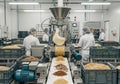 An industrial food processing facility with multiple workers in Royalty Free Stock Photo