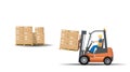 An industrial forklift with a driver transports pallets with boxes. Delivery, logistics and delivery of goods