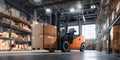 The industrial forklift lifting boxes in a large warehouse environment. AI generated image Royalty Free Stock Photo