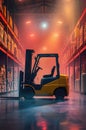 Industrial Forklift in Modern Warehouse Between Storage Racks for logistics, industrial, distribution, and supply chain management Royalty Free Stock Photo