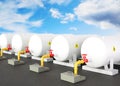 Industrial gas storage tanks on background of sky. Concept of fuel storage and LNG Royalty Free Stock Photo