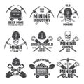 Industrial gold and various mineral mining. Black labels vector set