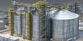 Industrial grain storage facility with large silos and metallic structures under a clear sky Royalty Free Stock Photo
