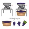 Industrial grape crusher is in operation and empty. Wooden tank full of berries