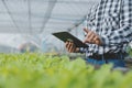 In the Industrial Greenhouse Agricultural Engineer Test Plants Health and Analyze Data with Tablet Computer