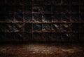 Industrial grunge background, dark room with walls of rusty metal plates, dirty metal floor Royalty Free Stock Photo